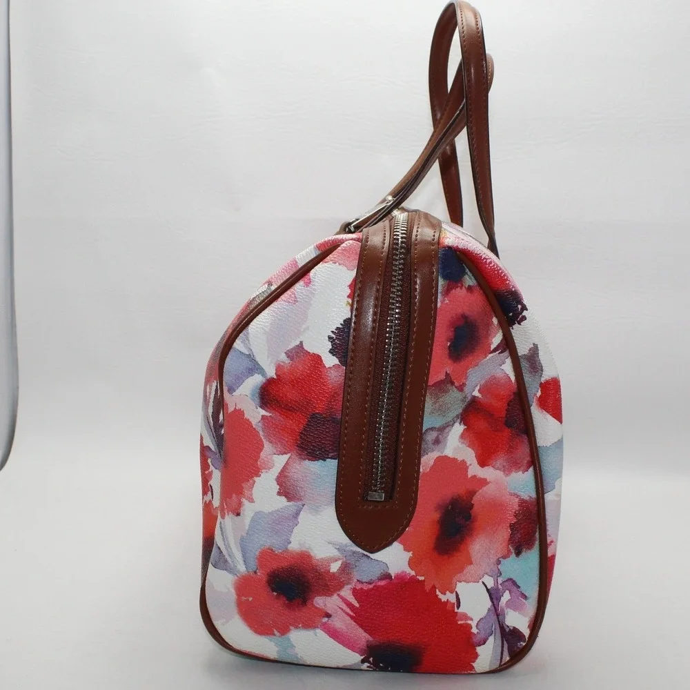Lauren Ralph Lauren Floral Watercolor Satchel Bag‎ Brown Leather Trim Red Blue